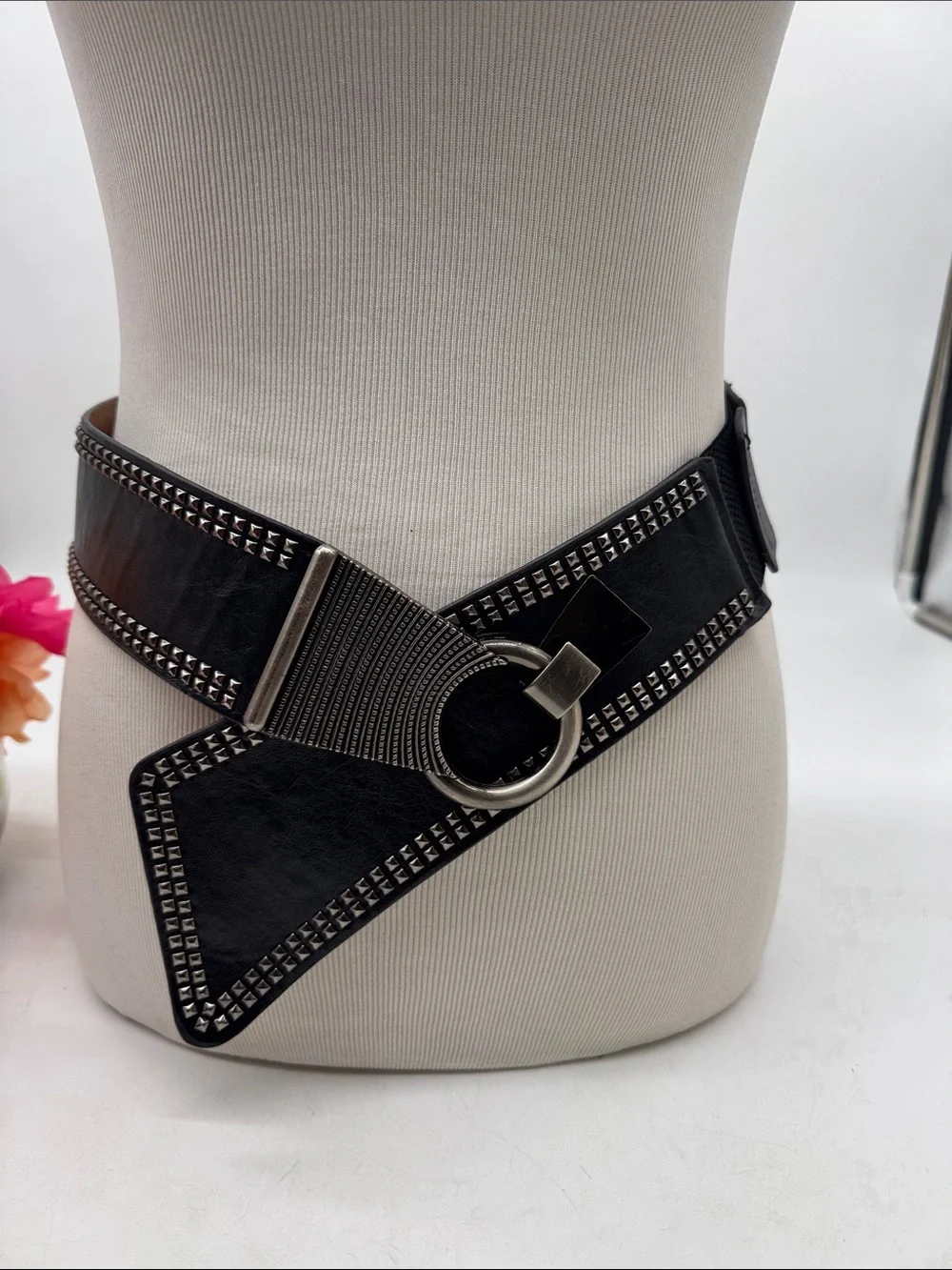 Black Studded Elastic Waist Belt with Ring Buckle